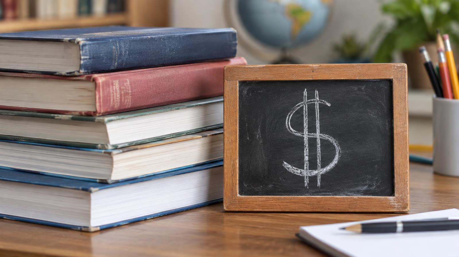 Stack of textbooks next to a small chalkboard with a dollar sign on a wooden desk.