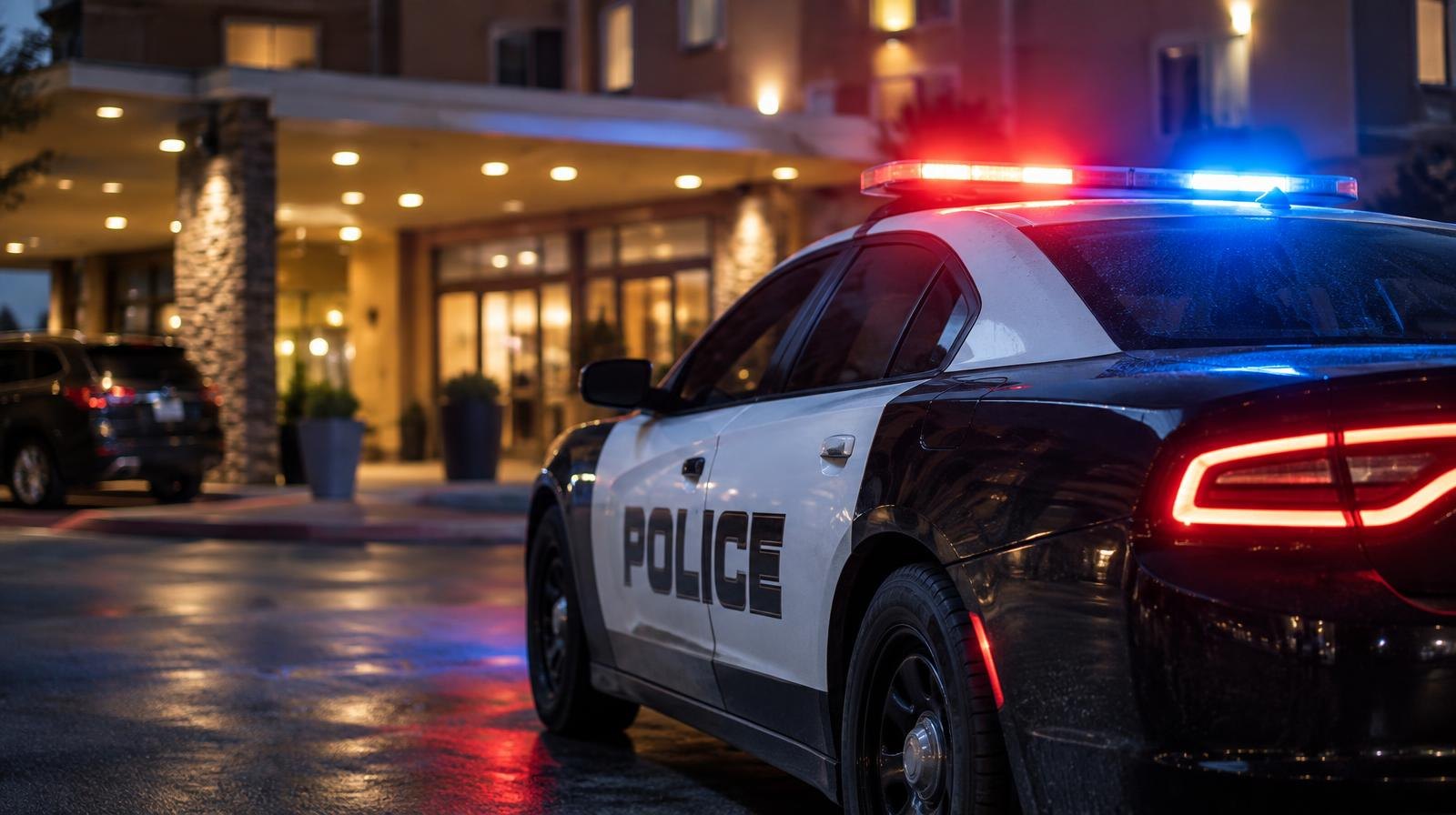 Police patrol car with flashing red and blue lights parked outside a hotel at night.