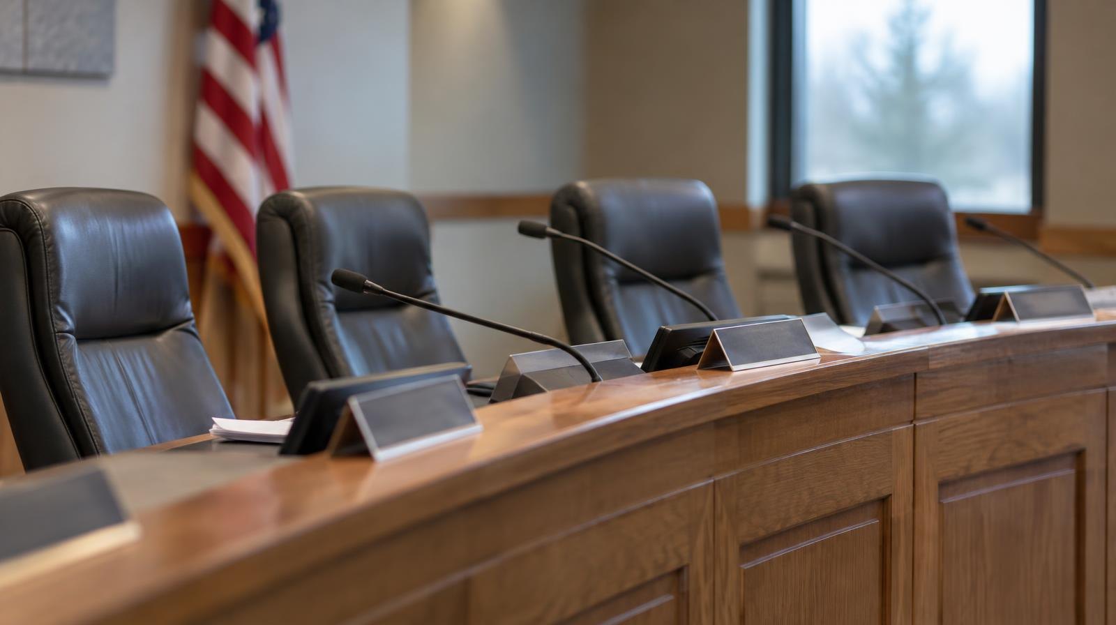 Empty chairs and microphones arranged at a government meeting room dais.