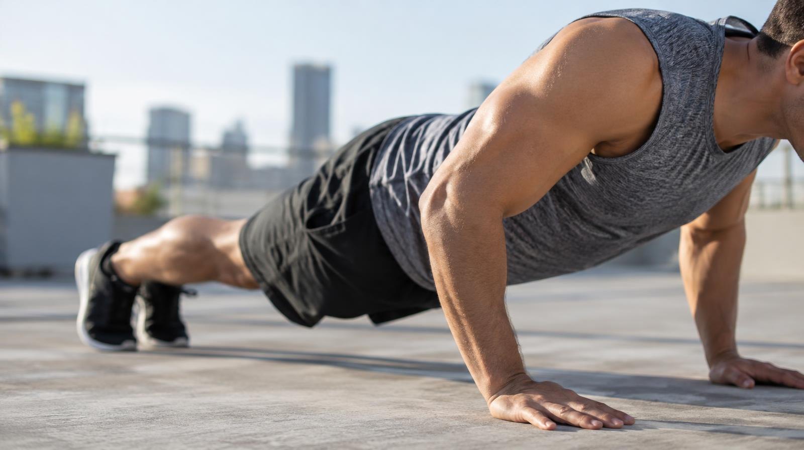 A person doing a push-up on a smooth concrete floor, arms fully extended.