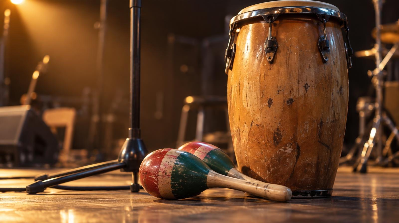 Maracas and a conga drum beside a microphone stand under warm stage lighting.