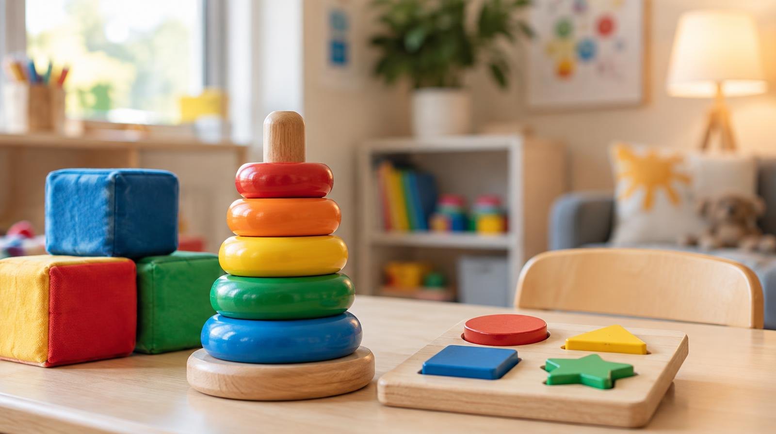 Colorful children's toys arranged on a small play table in a bright room.