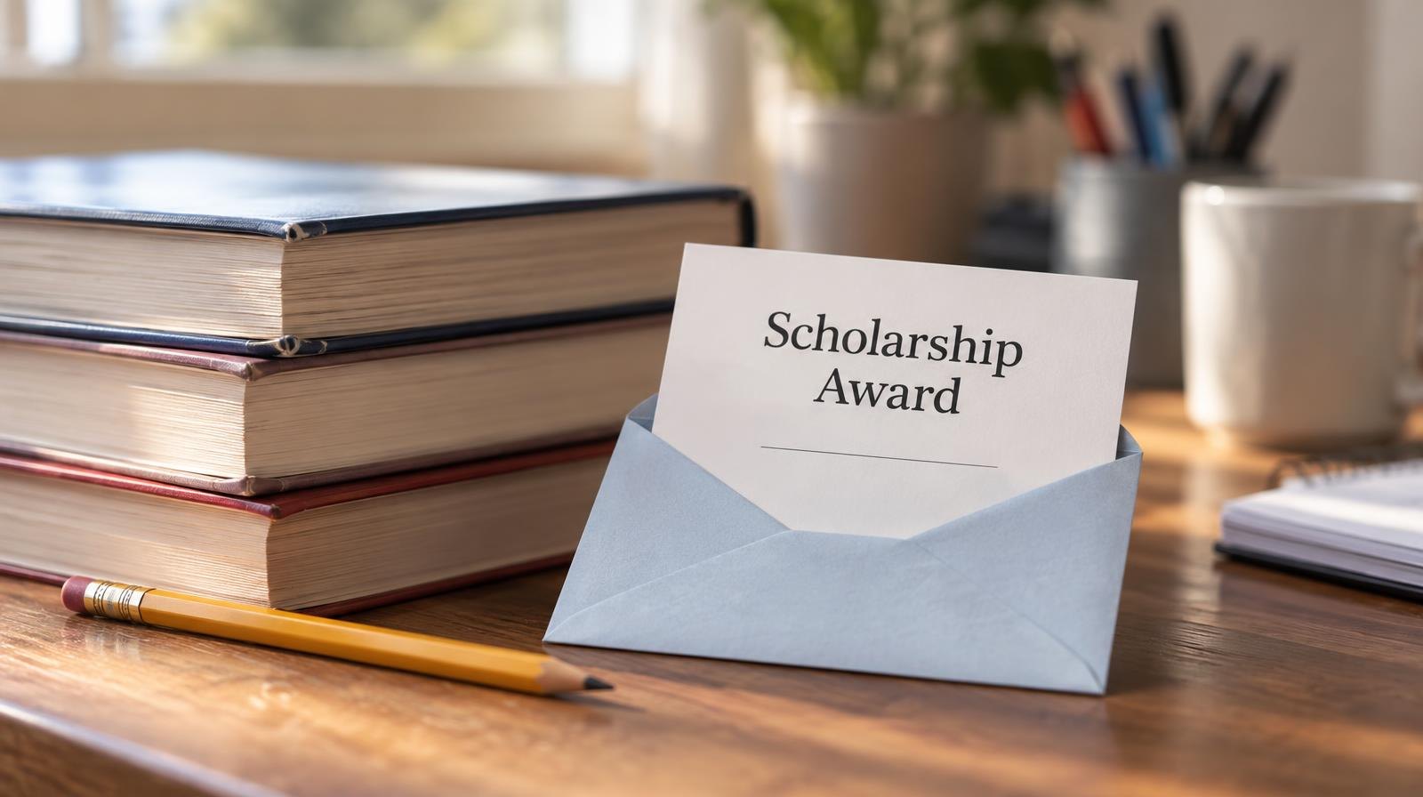 Stack of textbooks and pencil beside an envelope on a wooden desk.