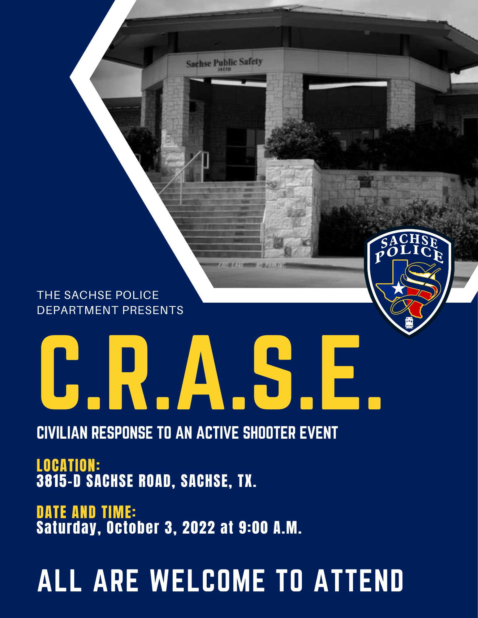 Event flyer for a free active shooter response training hosted by a police department.