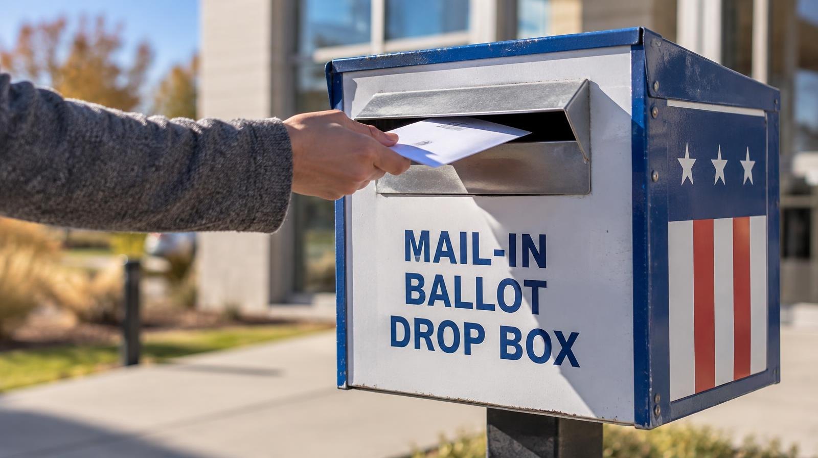 A blue mail-in ballot drop box mounted on a post outdoors.