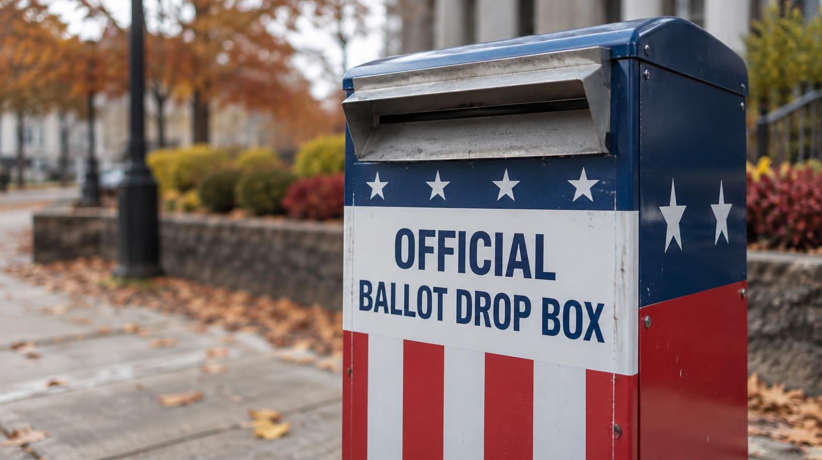 A red, white, and blue ballot drop box with a mail slot, standing on a sidewalk.