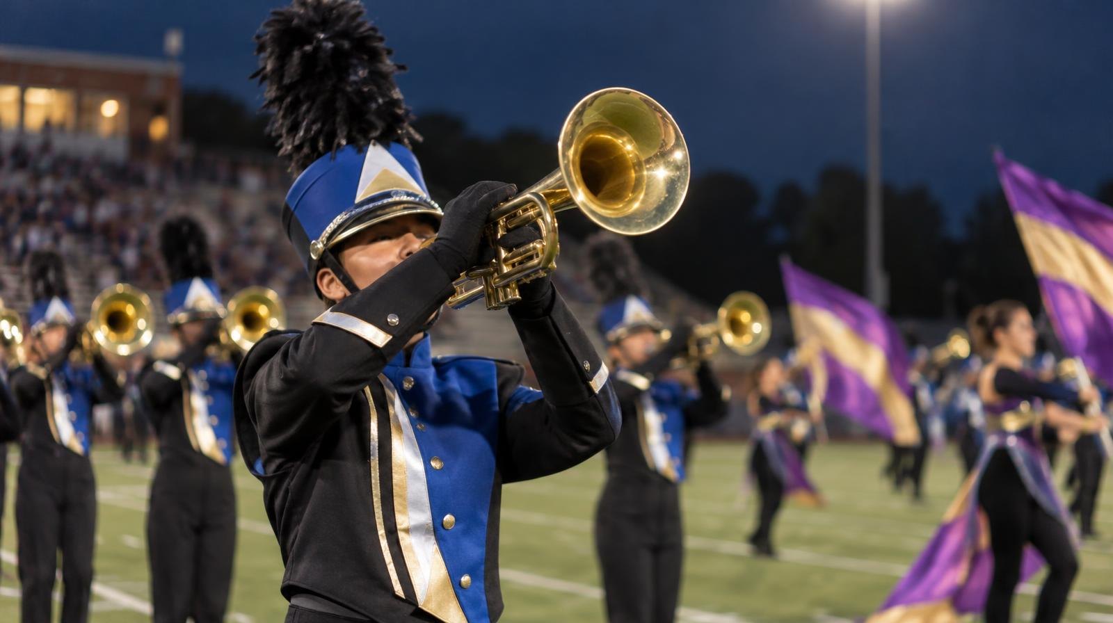 Marching band in colorful uniforms on a green football field under stadium lights.