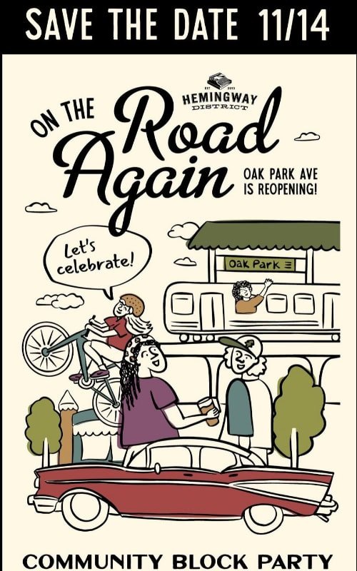 Event flyer showing illustrated figures with a bicycle and classic car promoting a community block party.