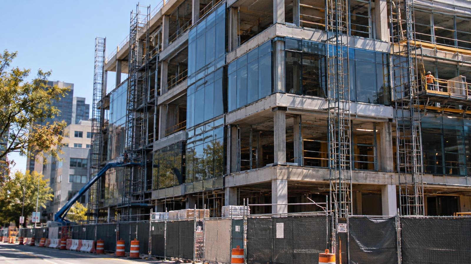 Five-story modern commercial building under construction with scaffolding and glass panels.