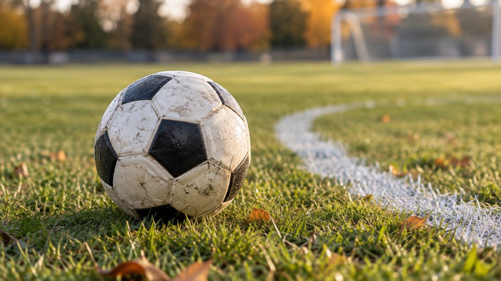 A black-and-white soccer ball resting on a grass field near a white painted line.
