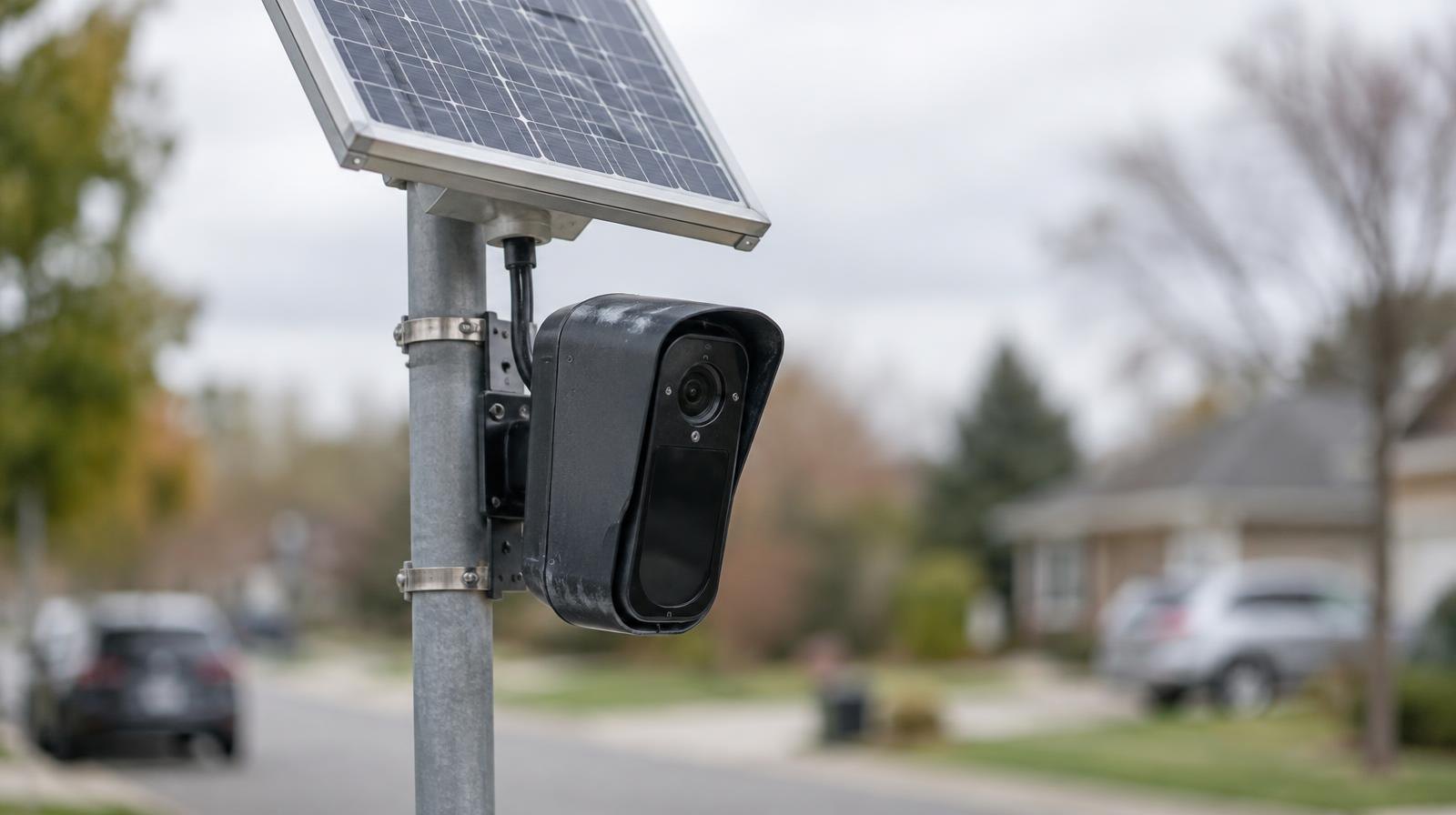 A solar-powered license plate reader camera on a metal pole beside a street.