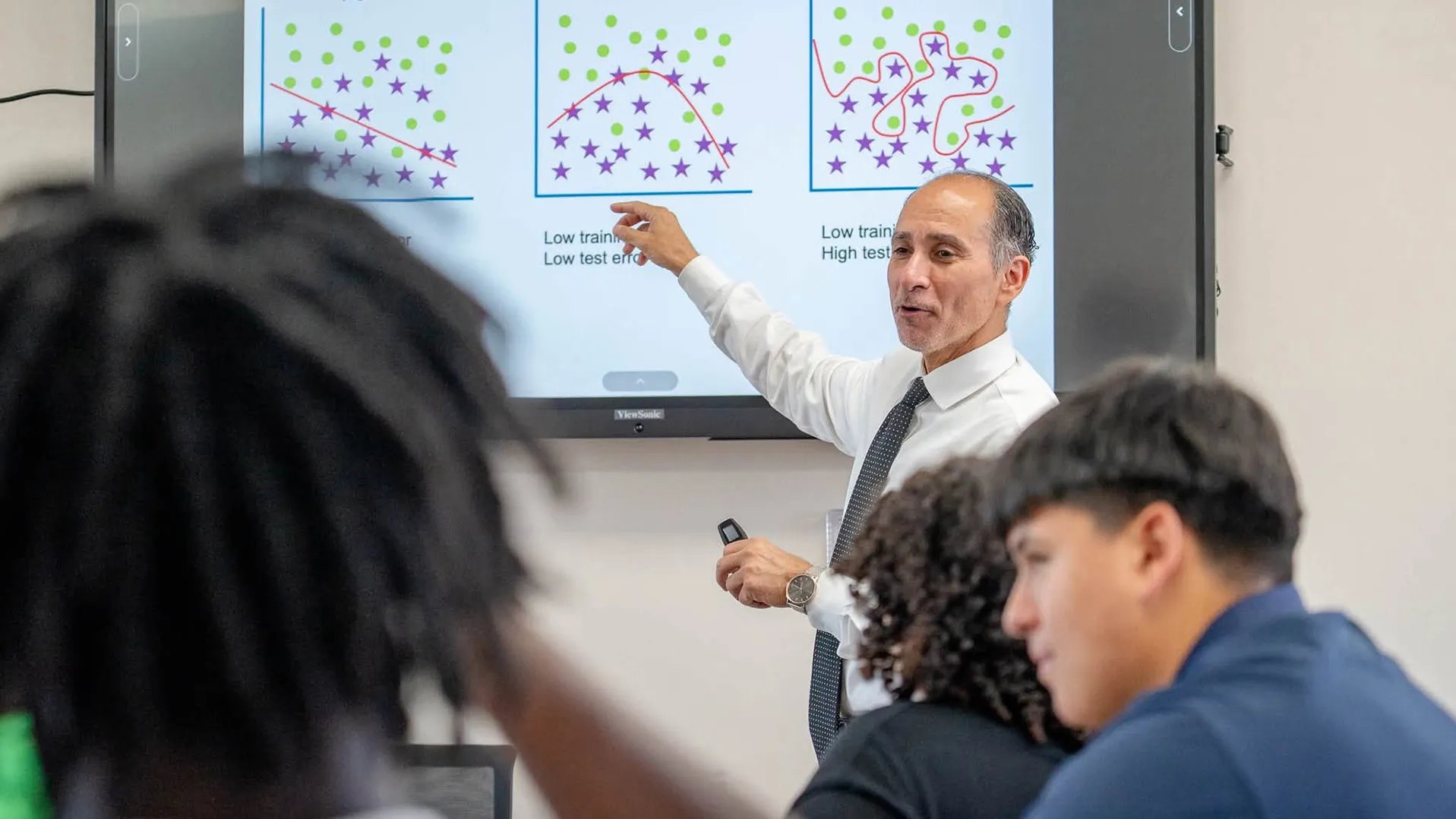 A man in a white shirt gestures at a screen showing scatter-plot diagrams while students sit in the foreground.