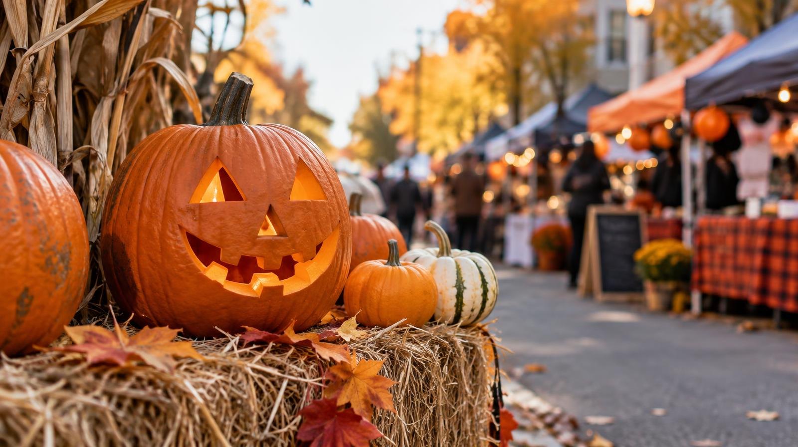 Carved pumpkins and colorful vendor canopies along a Halloween-decorated street.