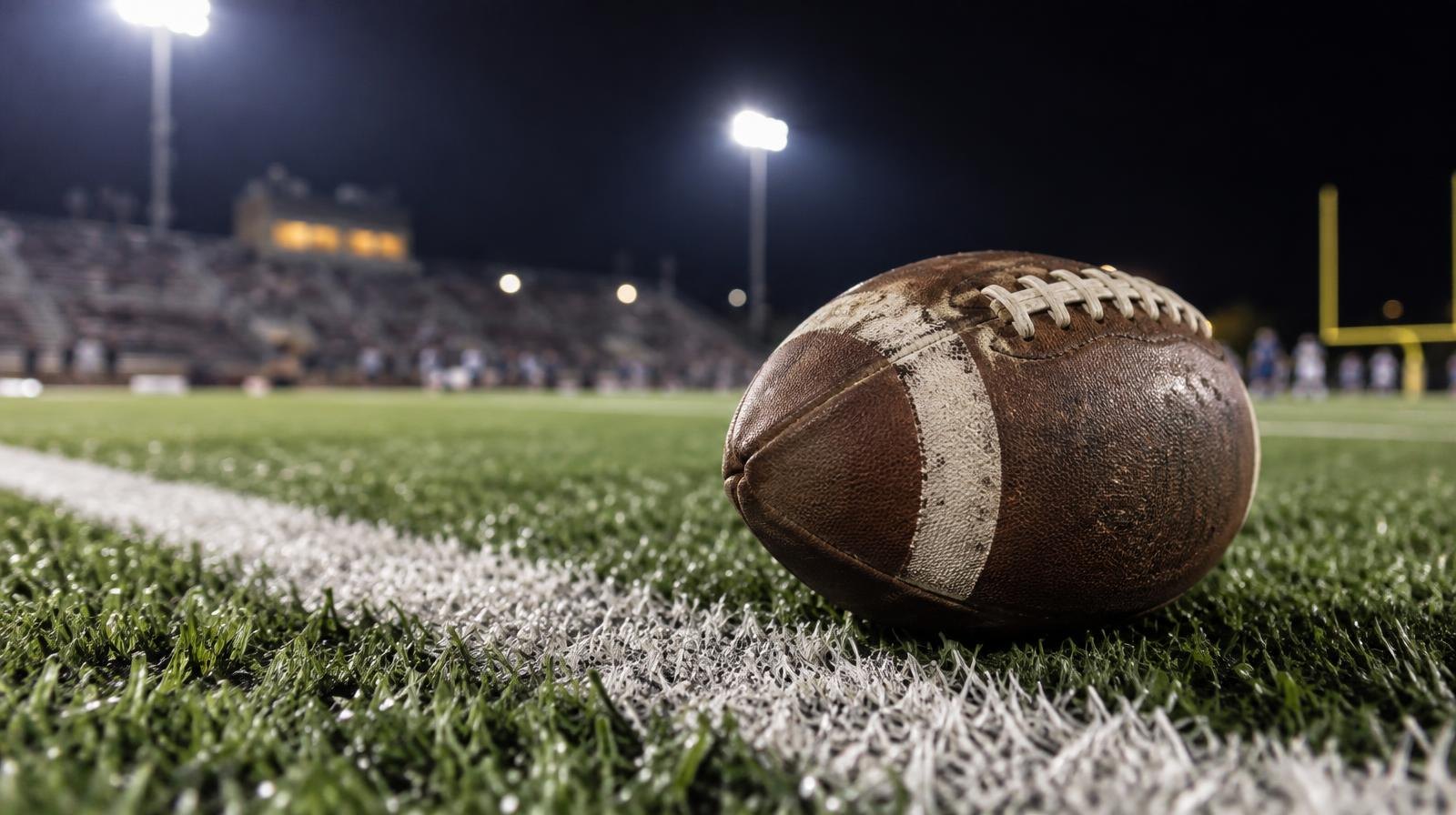 An American football on green turf beside a white yard line under bright lights.