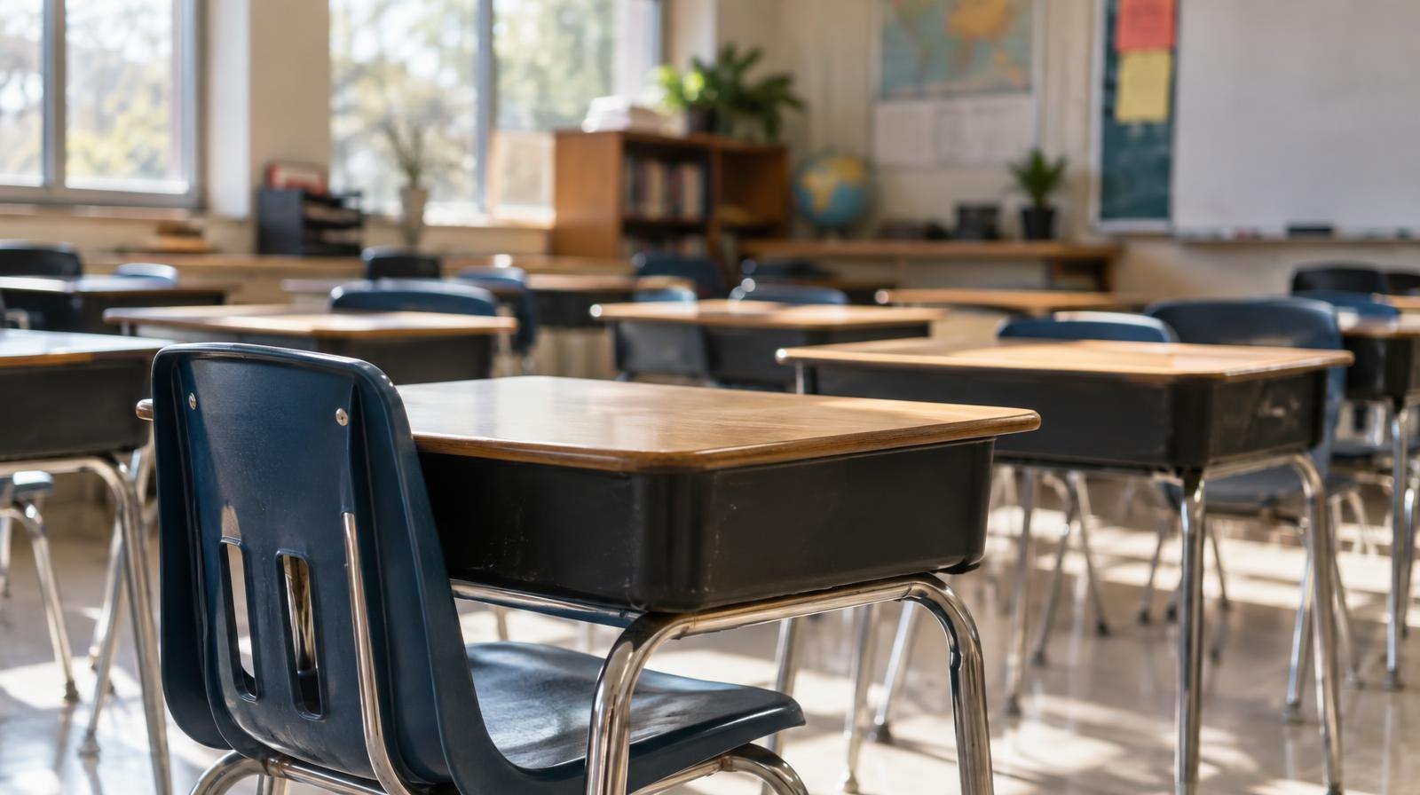 Rows of empty student desks and chairs in a sunlit classroom.