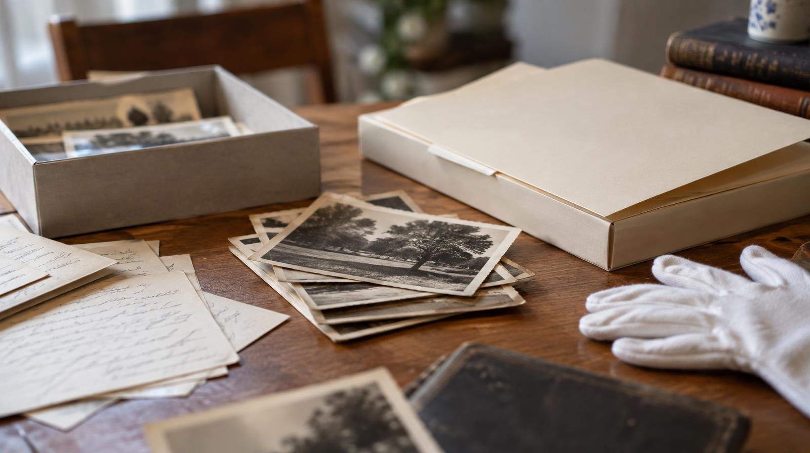 Old photographs, letters, and documents on a table with archival folders and cotton gloves.