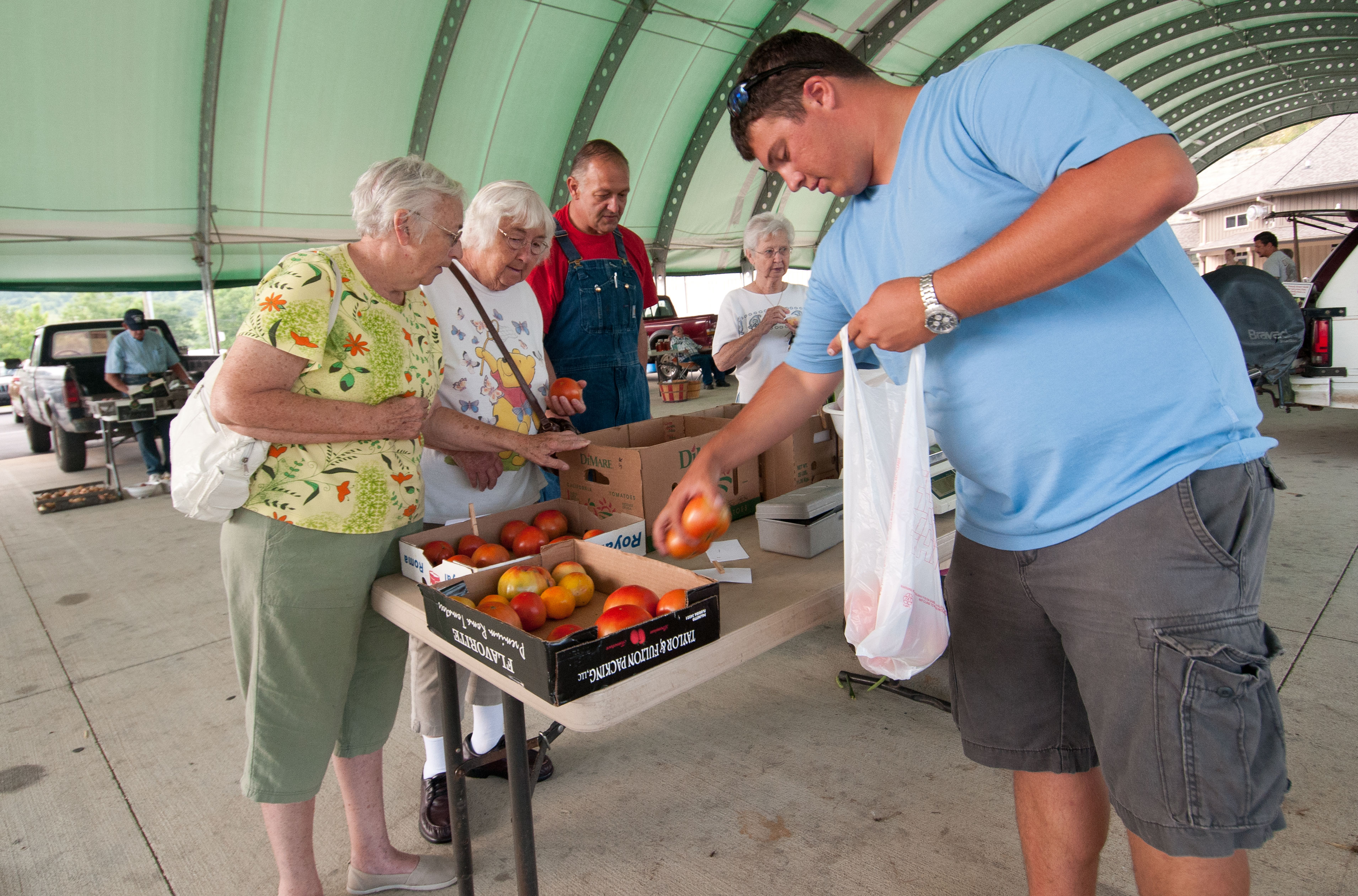 Shoppers choose heirloom tomatoes from cardboard boxes at an outdoor market stand.