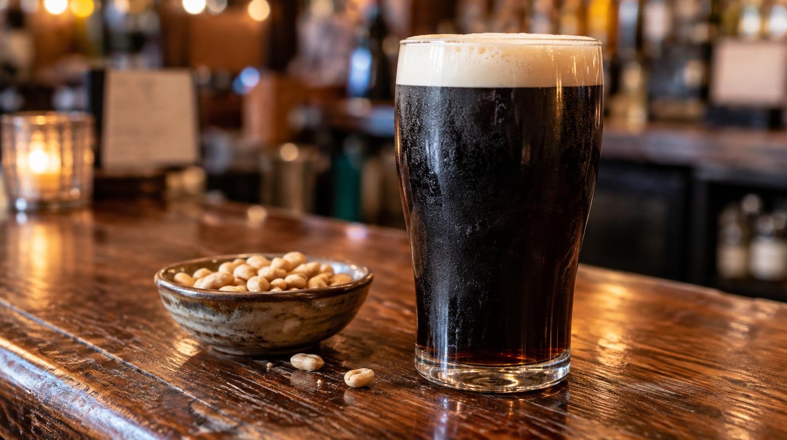 A pint glass of dark stout beer with a white creamy head on a wooden bar.