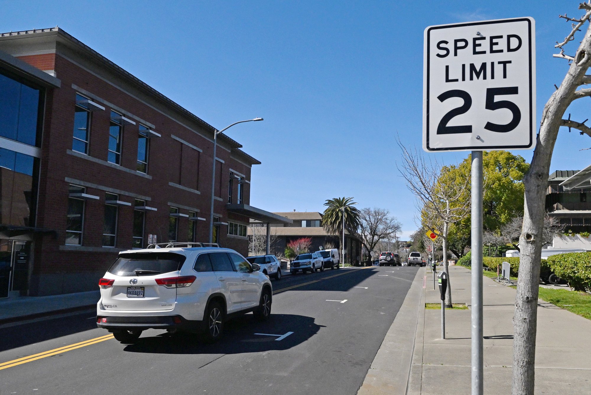 A 25 mph speed limit sign on a pole along a city street with parked cars and brick buildings.