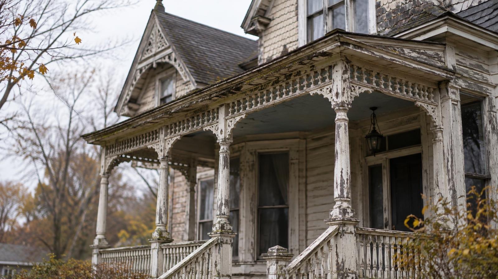 Weathered Victorian mansion with deteriorating wooden front porch and ornate gabled roofline.
