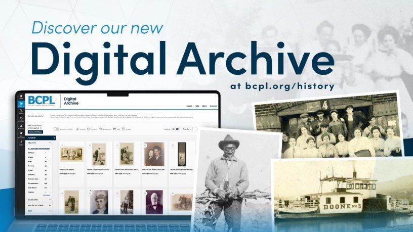 Promotional graphic showing a laptop screen with a grid of historical photos and the text 'Discover our new Digital Archive.'