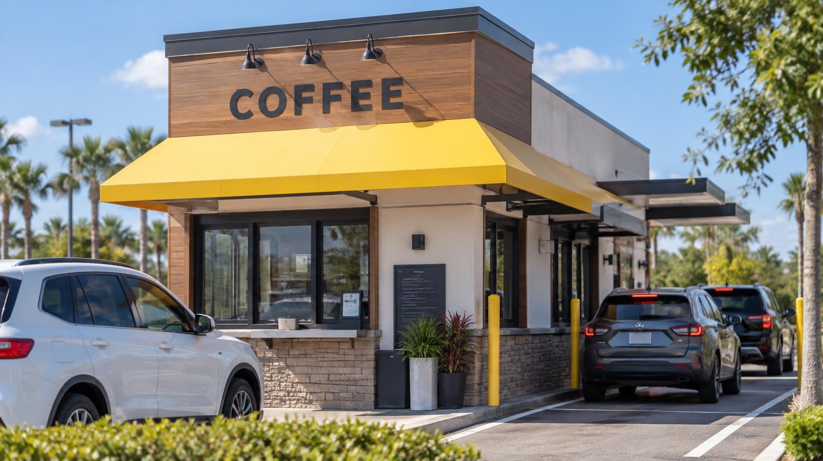 Small coffee kiosk building with drive-thru lanes in a sunny parking lot.