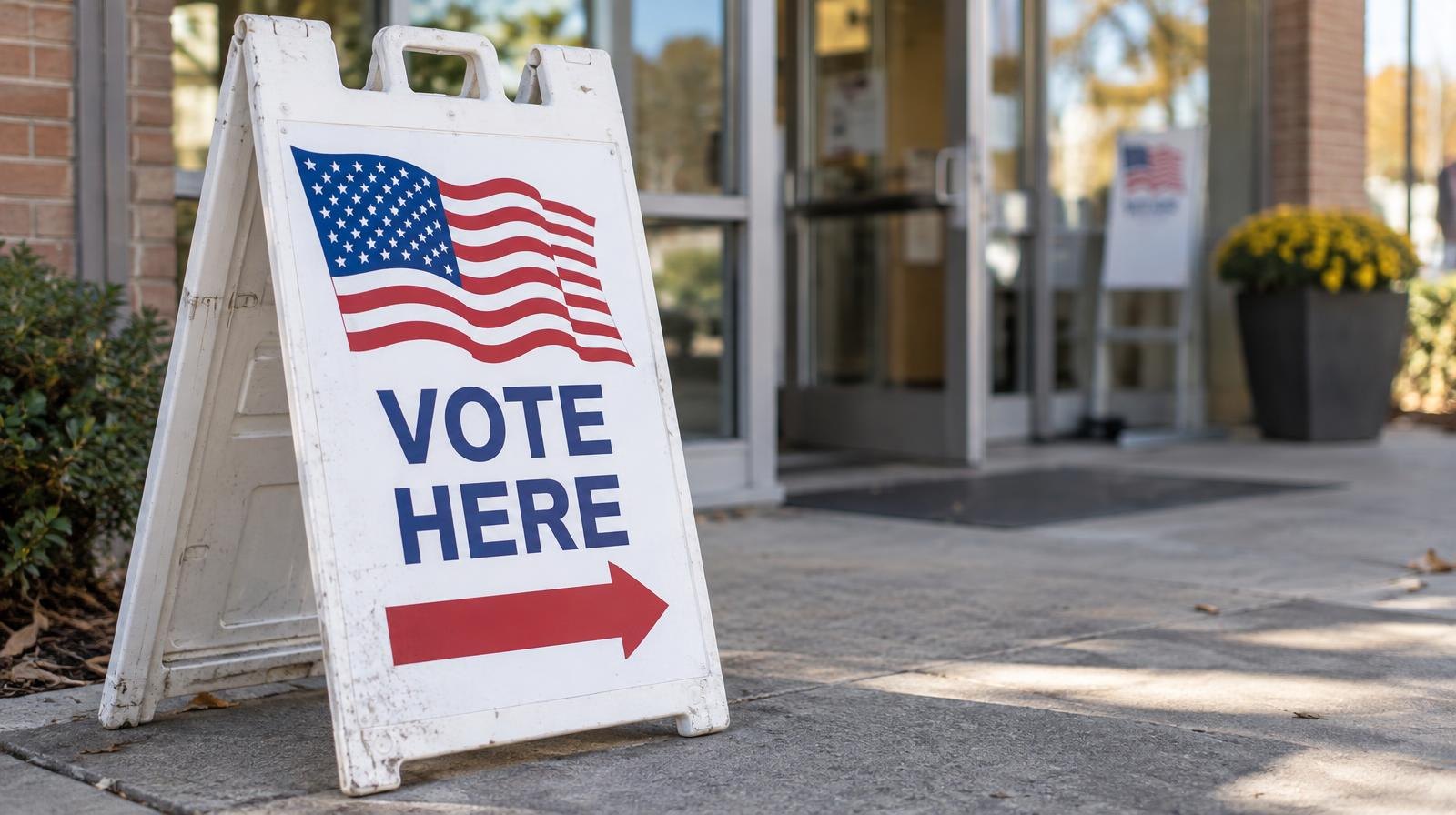 A white Vote Here A-frame sign with an American flag and directional arrow on a sidewalk.