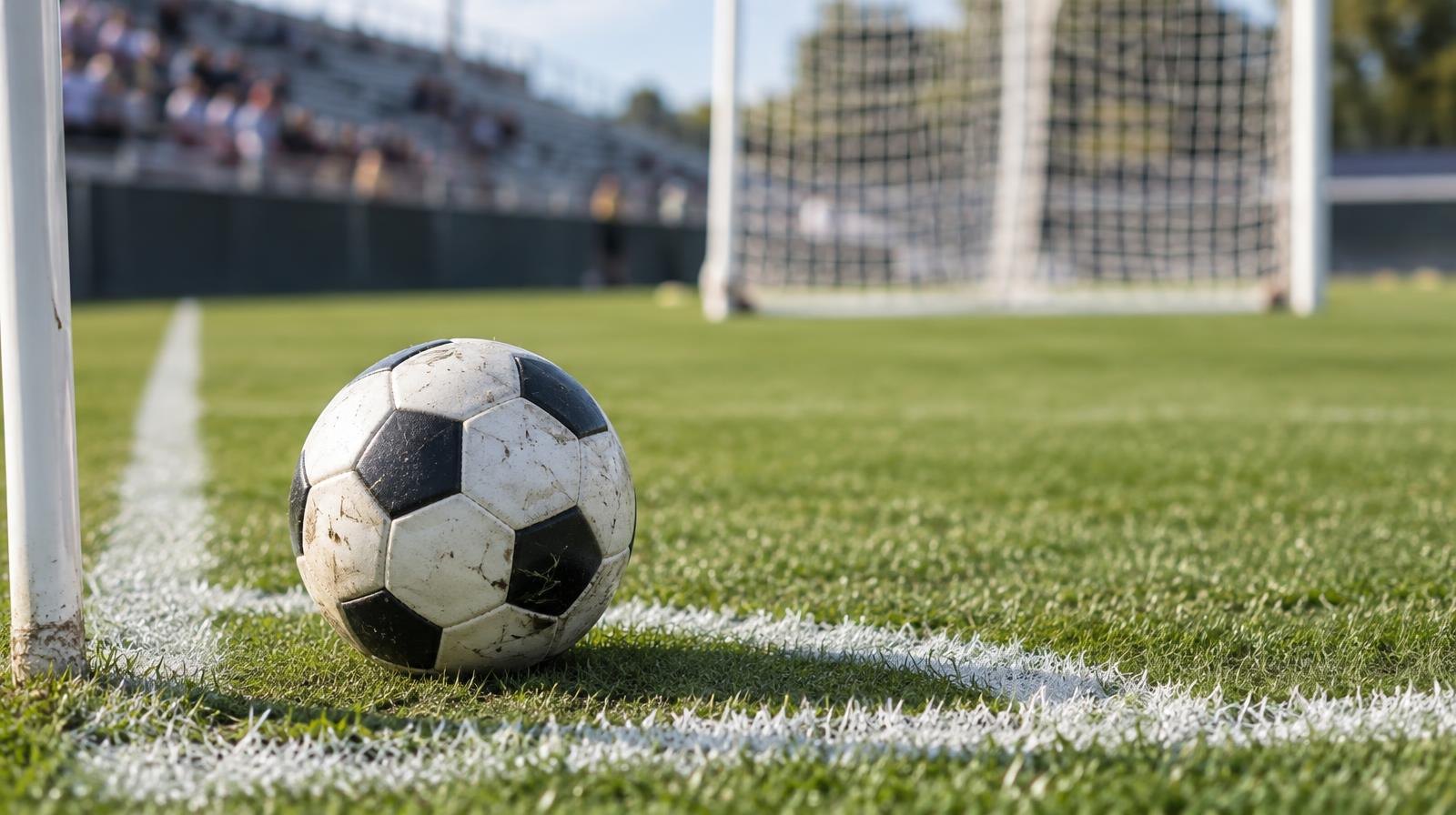 A soccer ball resting on green grass near a white corner arc line.