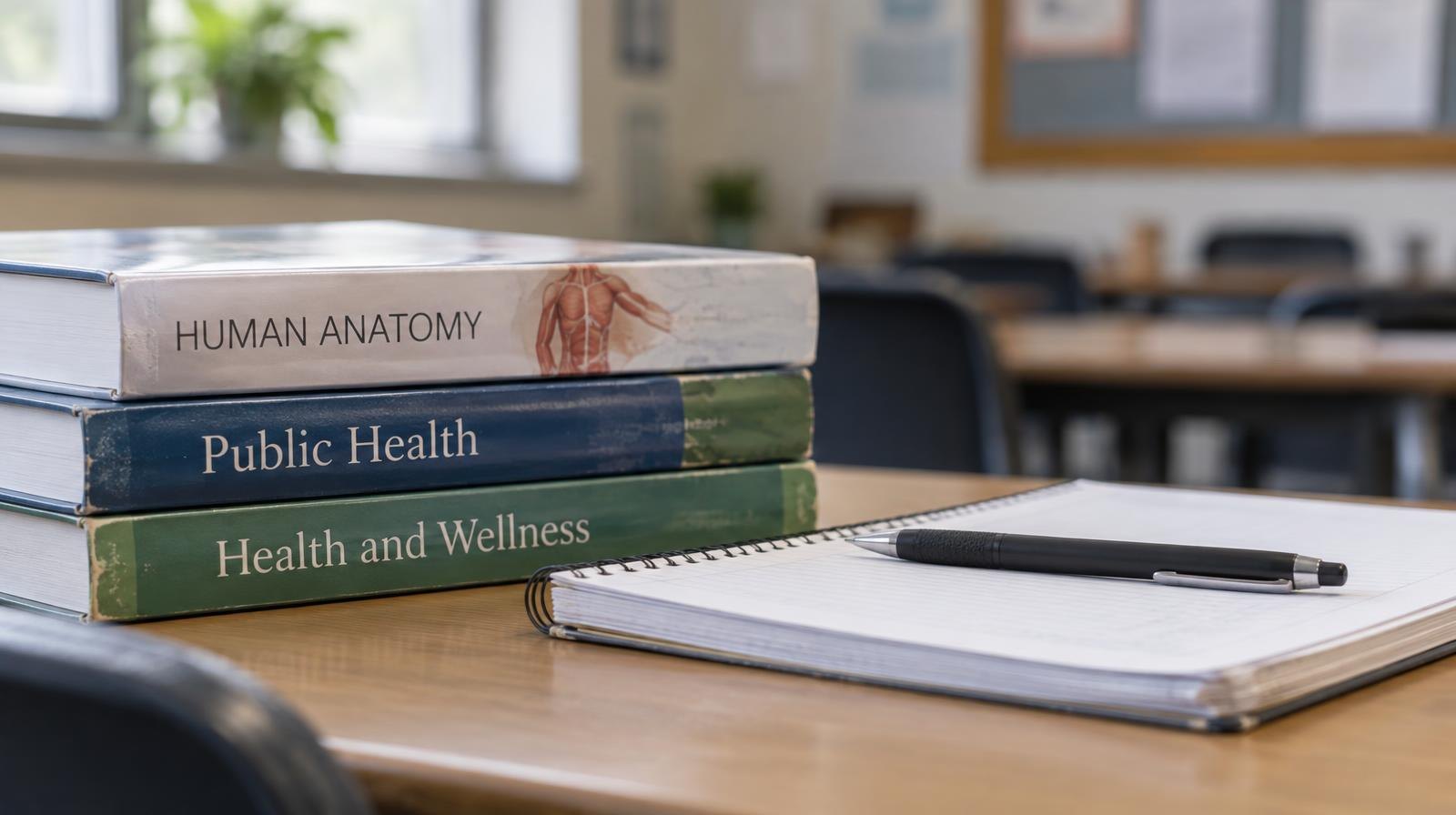 Stack of health textbooks and a spiral notebook on a school desk.
