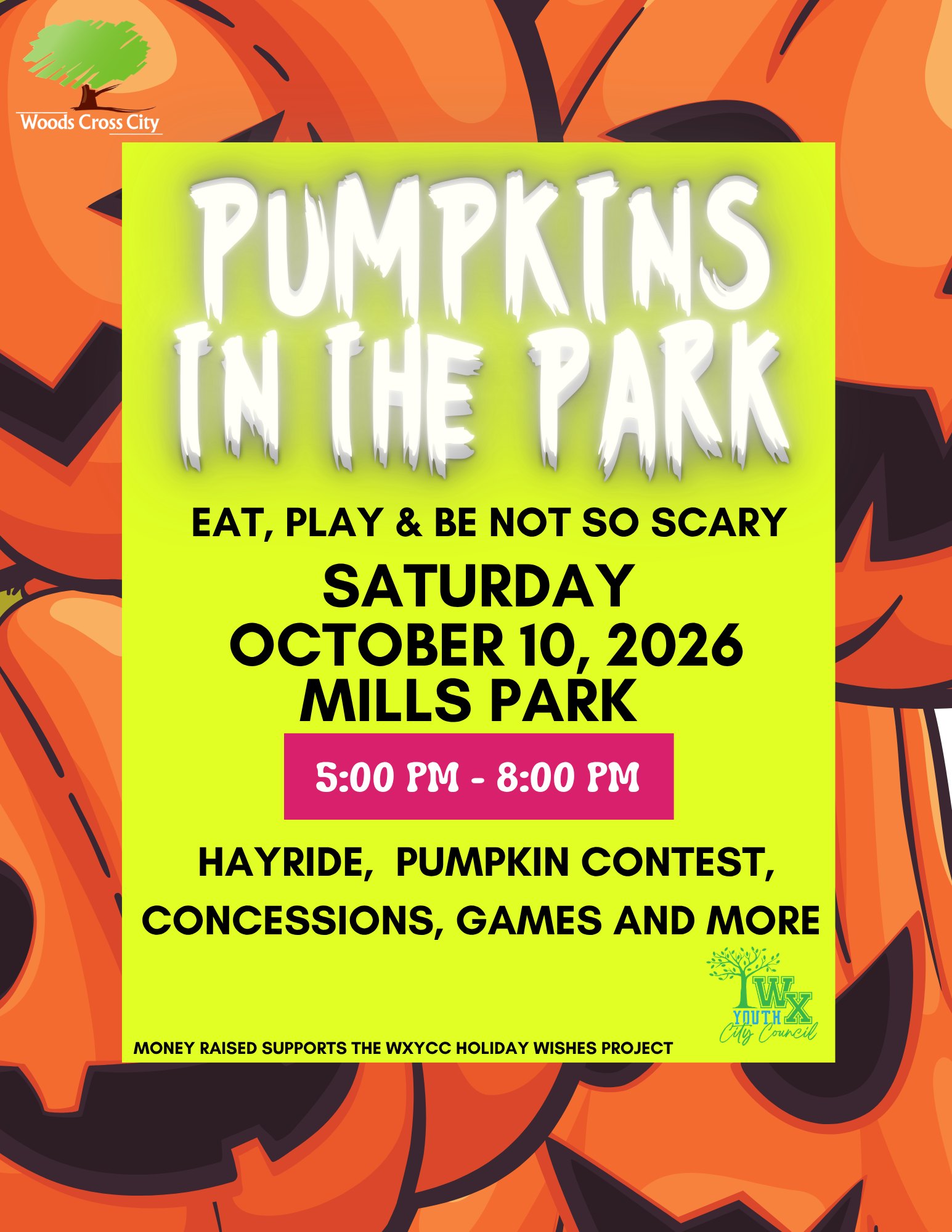 Colorful green and orange event flyer for Pumpkins in the Park with date, time and activity details.