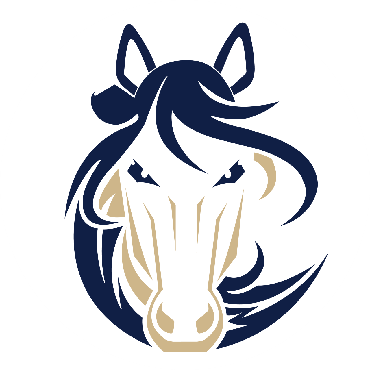 Navy blue and gold stylized horse head mascot logo on white background.