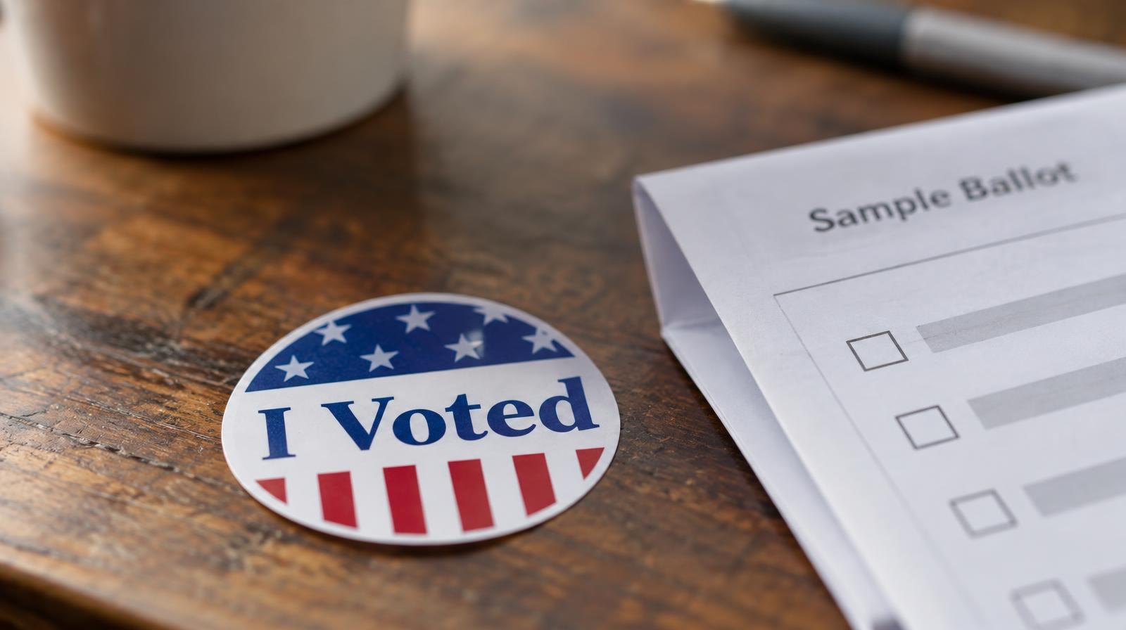 An 'I Voted' sticker resting on a wooden surface beside a folded ballot.