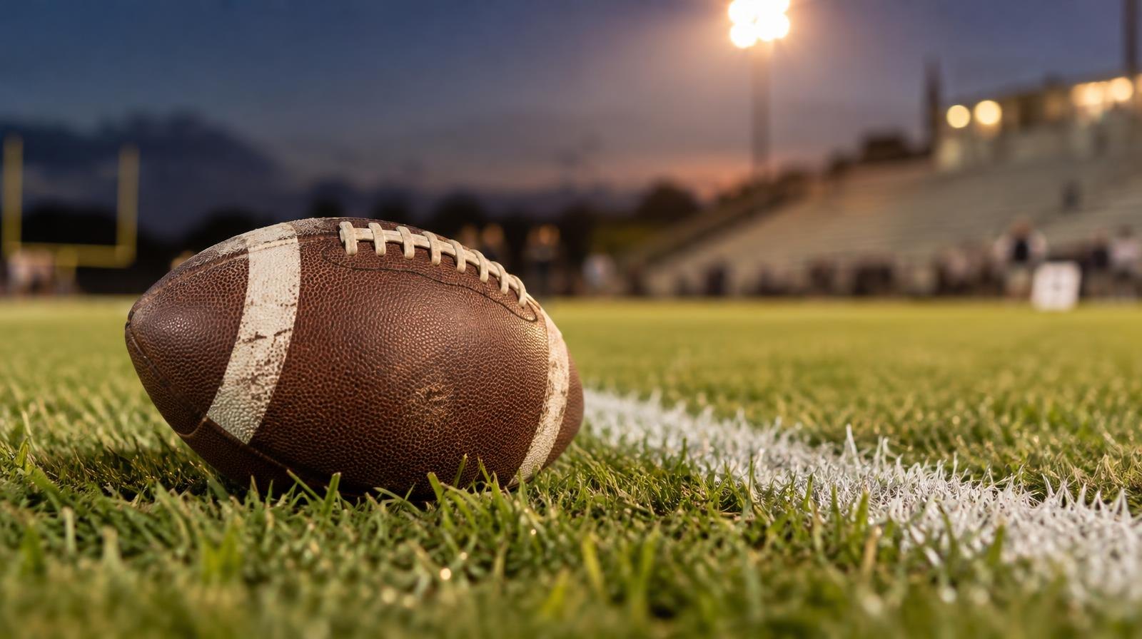 An American football resting on green grass near a white yard line under stadium lights.
