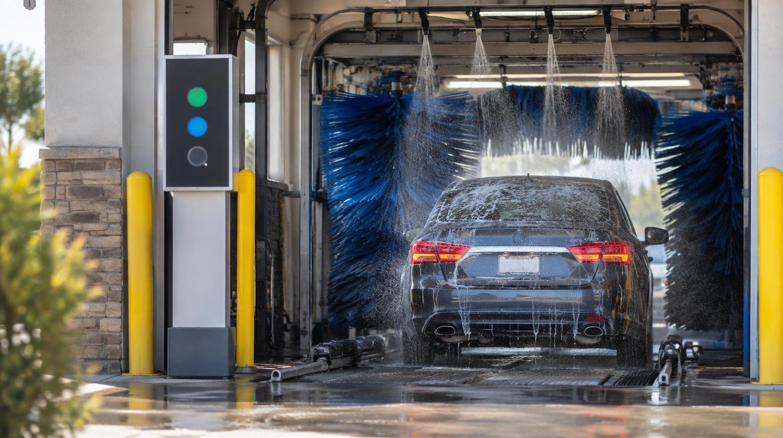 Car wash tunnel entrance with brushes and water jets visible inside.