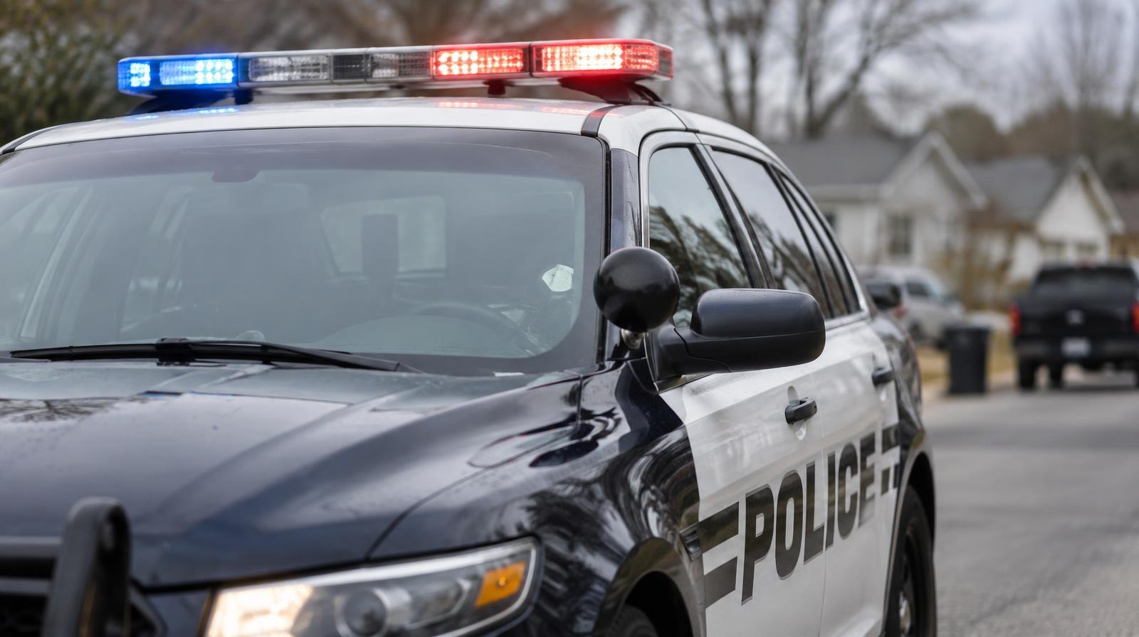 Marked police patrol car parked on a quiet residential street under an overcast sky.