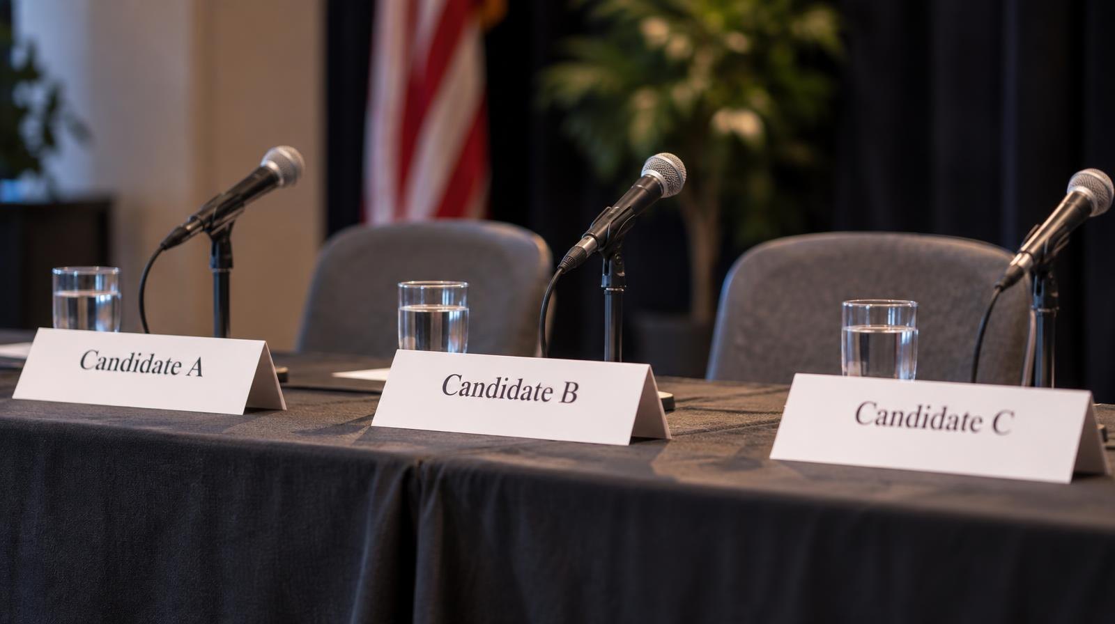 Name placards and microphones on a long table at a candidate forum.