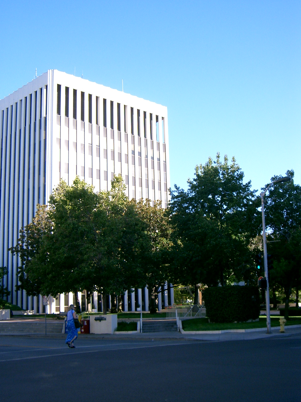 White modernist city hall building behind large trees, with a pedestrian in the foreground.