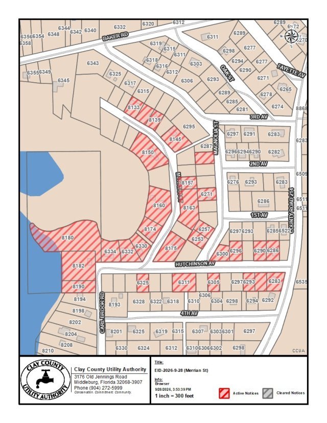 Utility parcel map showing red-hatched lots along residential streets under a boil water advisory.