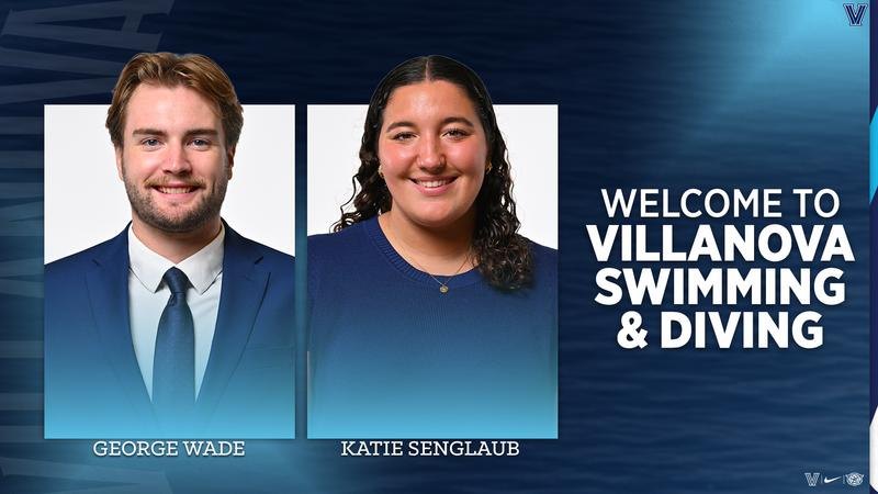 Side-by-side headshots of two new assistant coaches on a blue pool-themed background