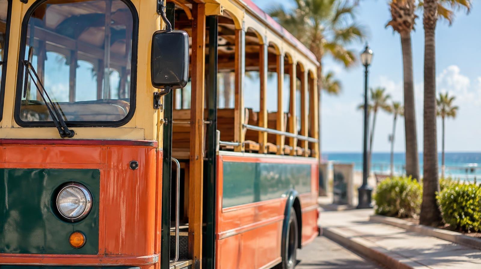 Colorful vintage-style open-air trolley bus parked at a sunny coastal stop.