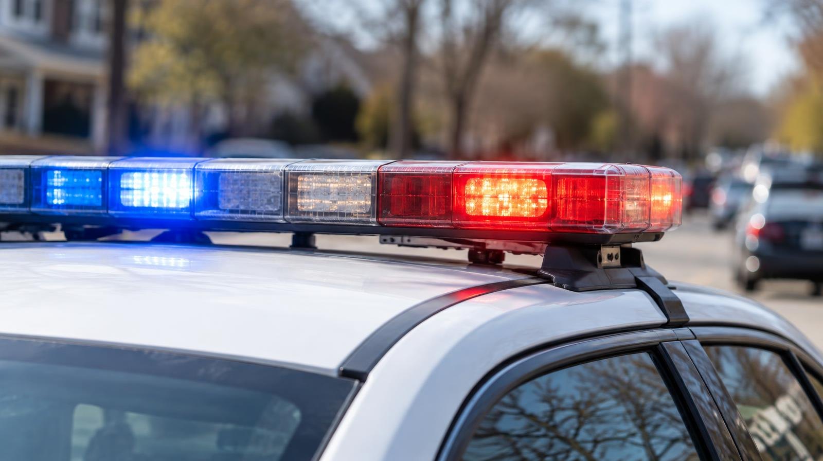Close-up of a white police car roof with red and blue lights activated.