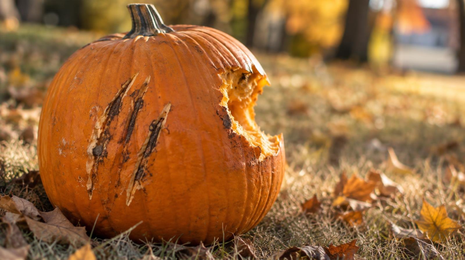 A large orange pumpkin with claw and bite marks on autumn grass.