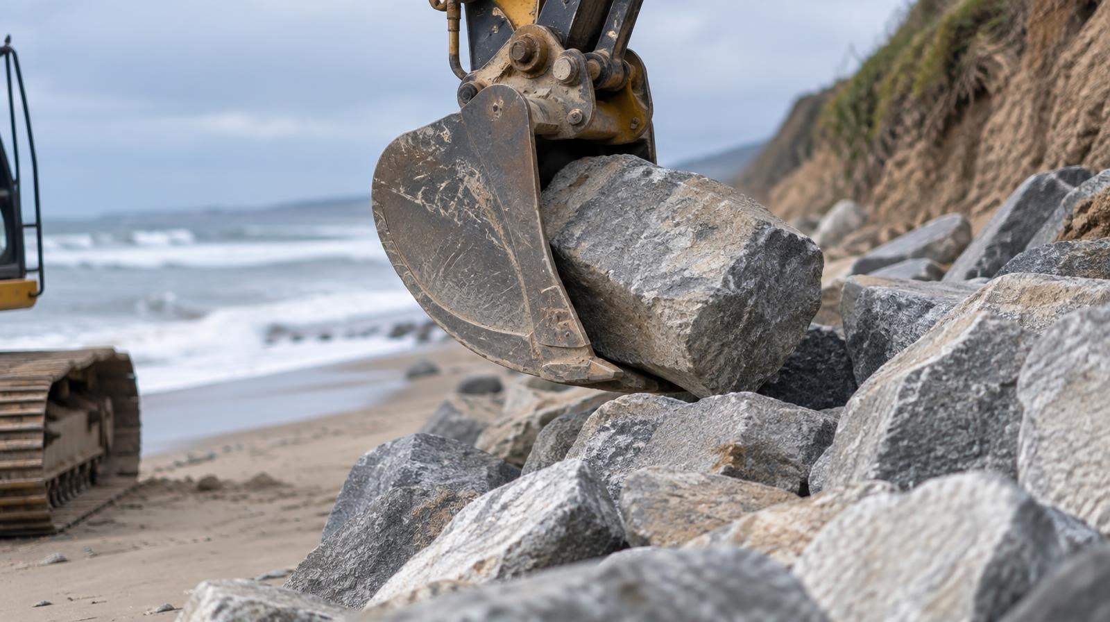 Large granite boulders stacked at the base of a sandy coastal bluff near ocean waves.