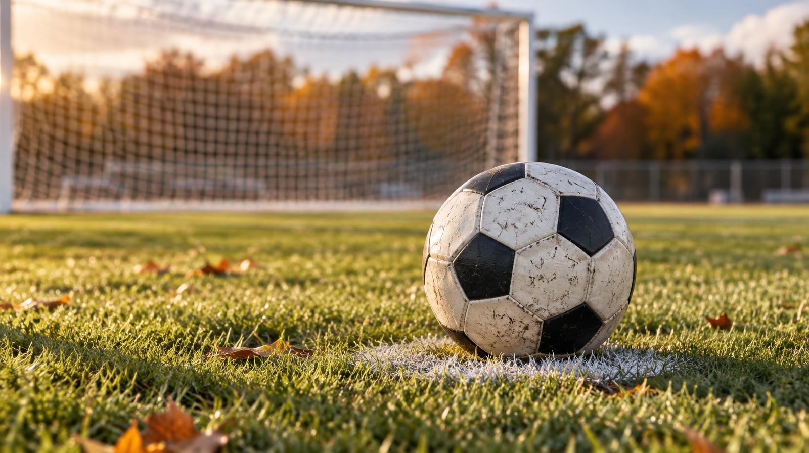 A soccer ball sits on the penalty spot of a grass field with a goal net behind it.