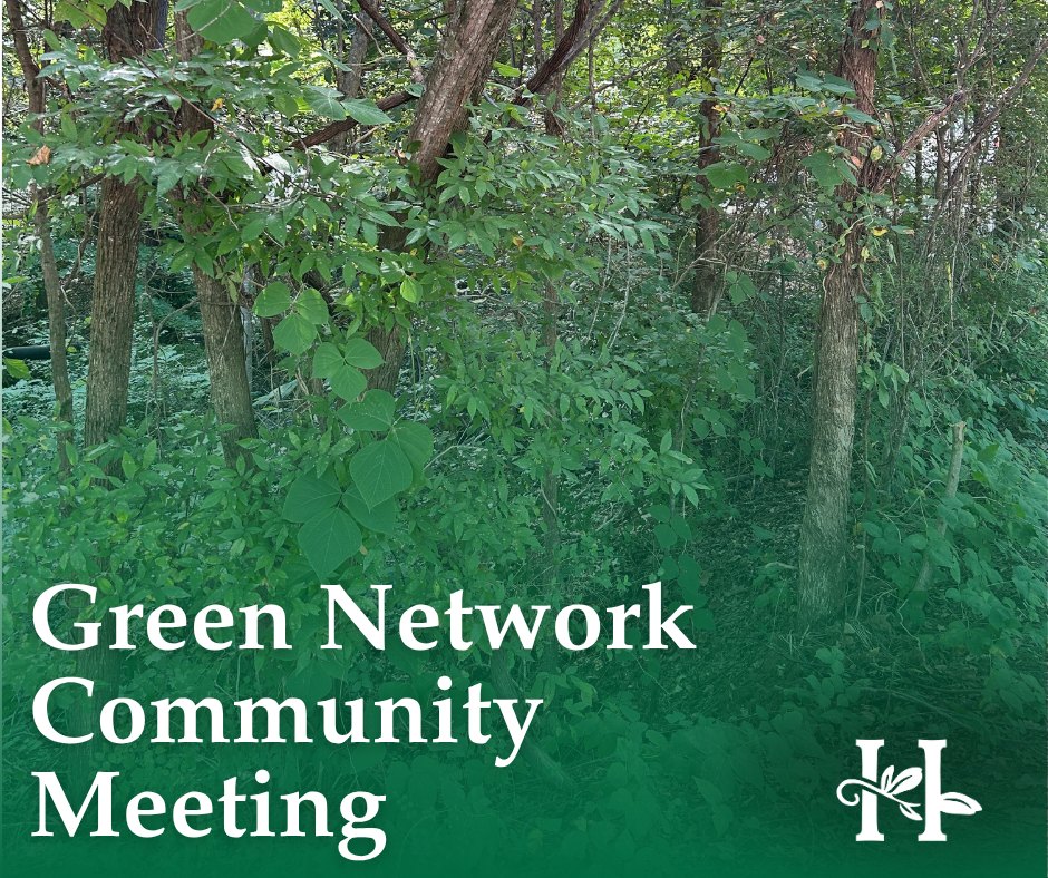 Promotional flyer for a Green Network Community Meeting against a wooded green background.