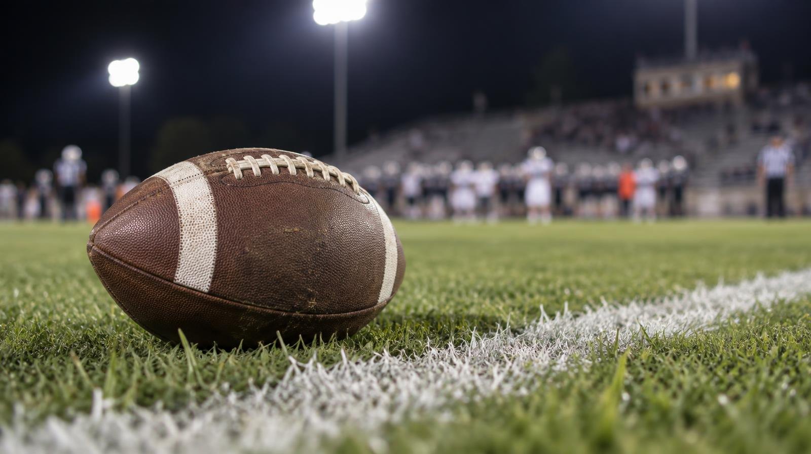 An American football resting on green grass beside a white yard line on a football field.