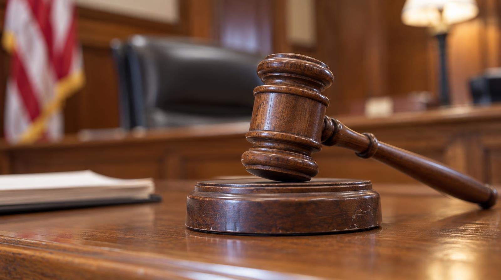A wooden gavel resting on its sound block on a polished surface.