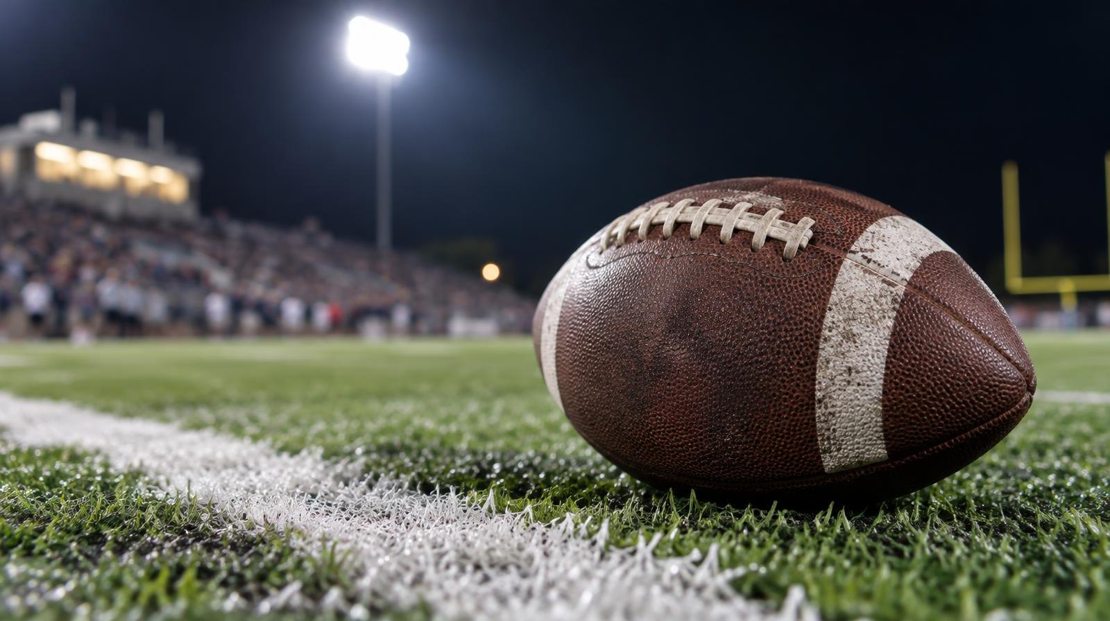 An American football resting on green artificial turf beside a white yard line.