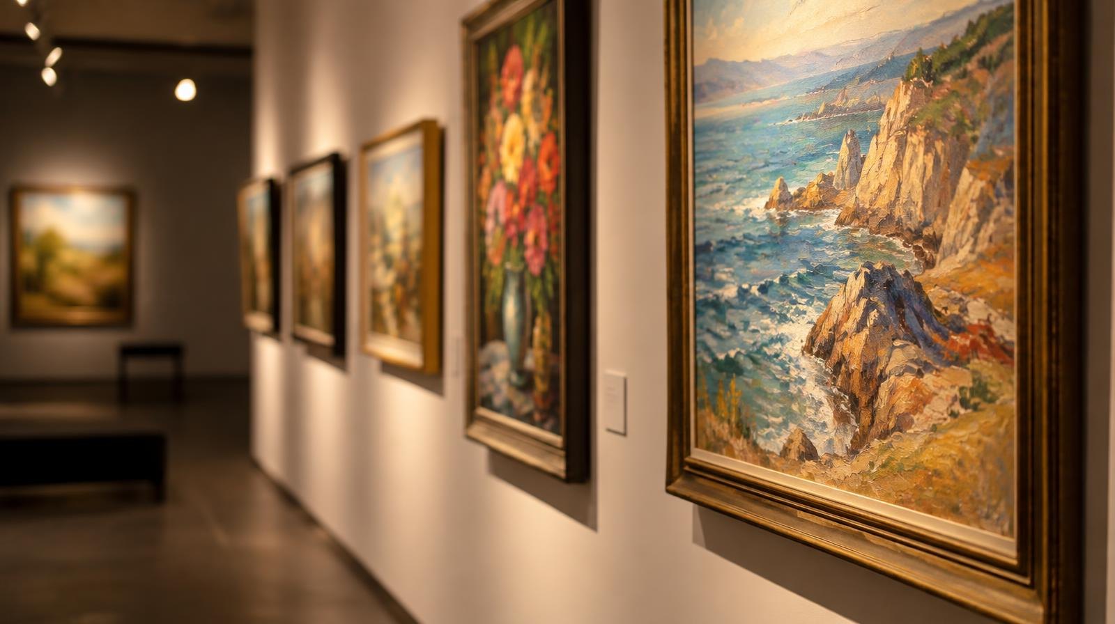 Colorful framed paintings displayed on a white gallery wall with warm spotlighting.