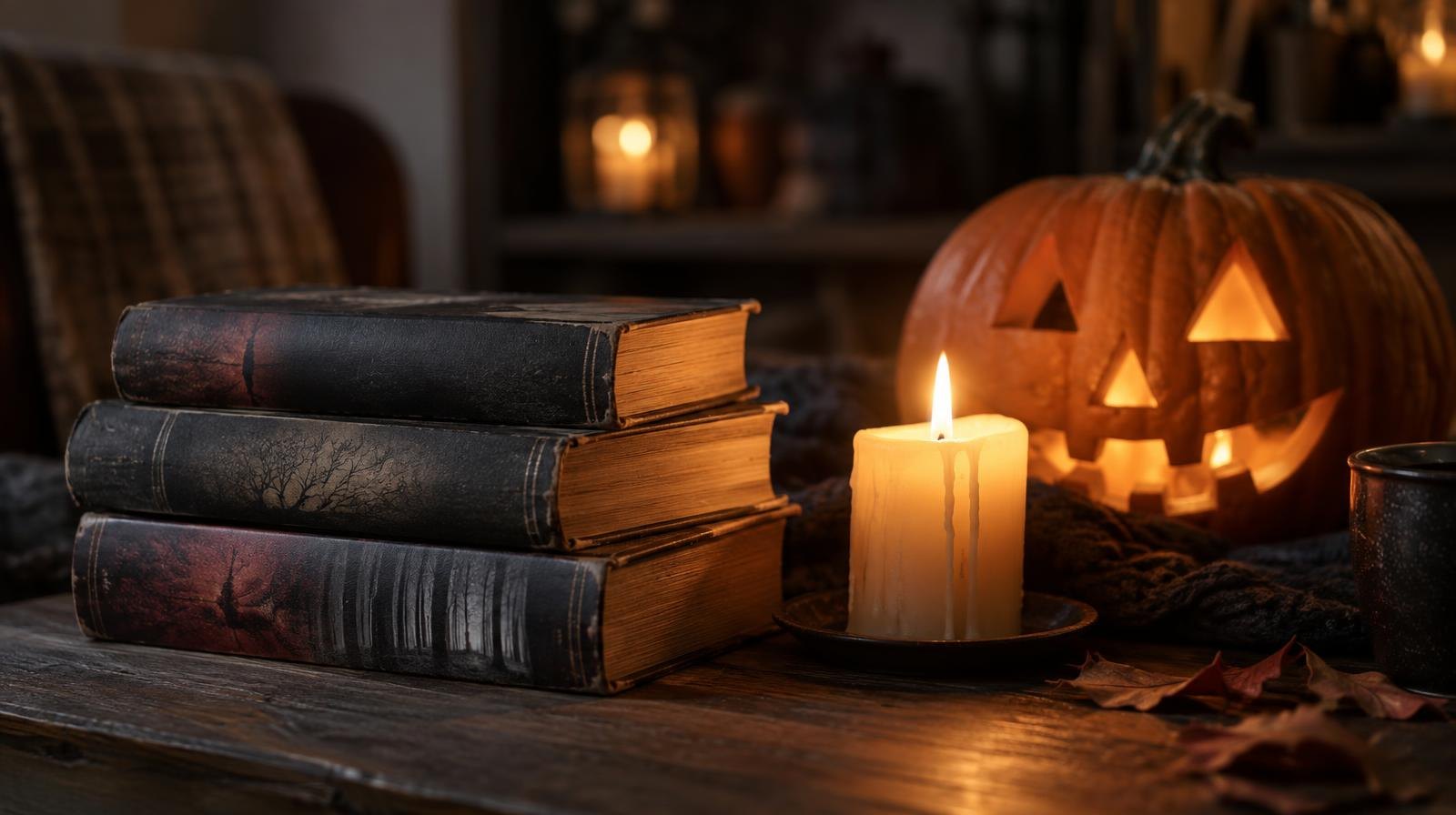 Stack of dark horror novels beside a glowing candle and carved jack-o'-lantern on a wooden table.